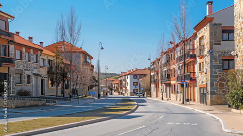 Generic stock image of a traditional rural village street with houses and asphalt road, surrounded by countryside landscape, created for real estate and housing use in southern Europe. Not a specific 