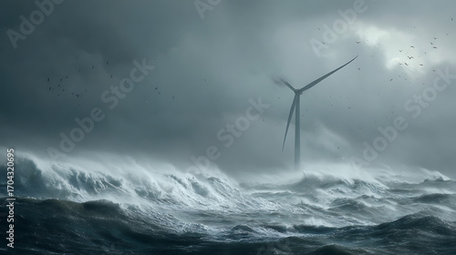 A solitary wind turbine braves a tempestuous sea, highlighting the resilience of renewable energy against the backdrop of a powerful storm and crashing waves