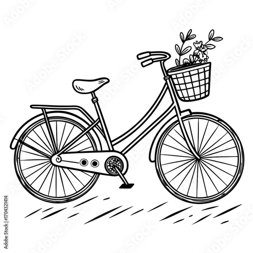 Hand drawn black and white bicycle with basket line art on a clean white background