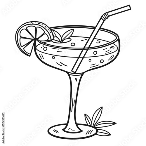Hand drawn black and white illustration of a refreshing cocktail with a lime slice and mint leaves