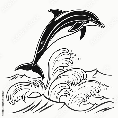 Stylized black and white illustration of a dolphin leaping through ocean waves