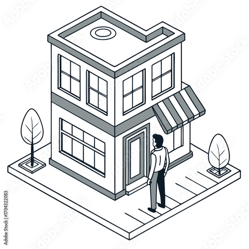 Isometric vector illustration of a two-story house with trees, a striped awning, and a person standing at the entrance, symbolizing real estate or home ownership.