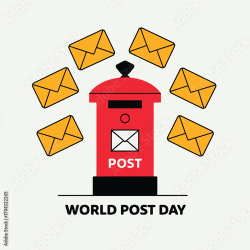 Vector art of red post box with yellow envelopes flying around it, celebrating world post day