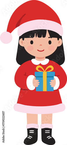 Girl in Santa Claus Costume Holding Gift Box Christmas Holiday Celebration Vector Illustration 
