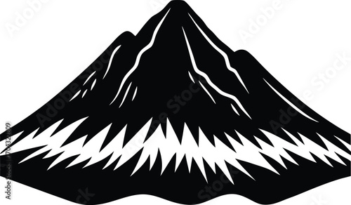 Black and White Mountain Range Silhouette with Jagged Peaks and Snow on white background