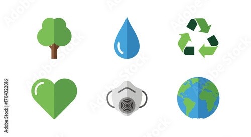 A collection of six flat design icons representing environmental and health concepts like nature, water, recycling, love for the earth, pollution protection, and the planet.