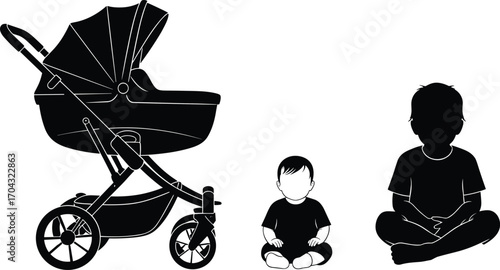 Baby stroller silhouette with infant and child sitting, family concept vector, parenting illustration, kids growth stages, childcare design, mother baby theme