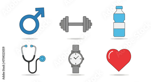 A set of six colorful icons representing health, fitness, and lifestyle concepts.