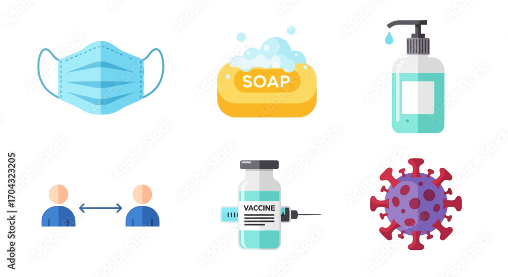 Φωτογραφία A collection of icons representing COVID-19 prevention measures like masks, soap, sanitizer, social distancing, and vaccination