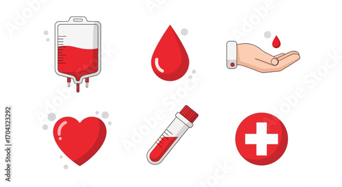 A collection of six medical icons related to blood donation, healthcare, and laboratory testing.