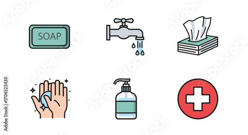 A set of six colorful icons representing hygiene and health, including soap, water, tissues, hand washing, and a medical symbol.