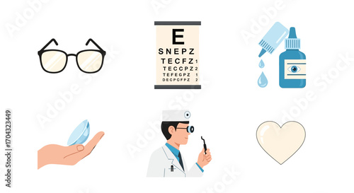 A set of six medical icons representing ophthalmology and vision care, including glasses, an eye chart, drops, a contact lens, a doctor, and a heart.