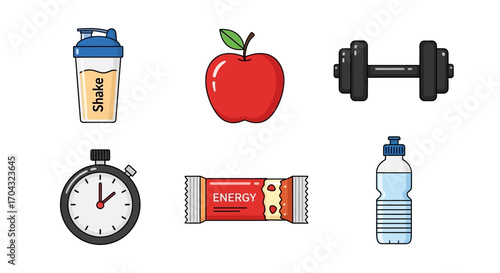 A set of six colorful flat icons representing fitness, health, and nutrition, including a shaker, apple, dumbbell, stopwatch, energy bar, and water bottle.