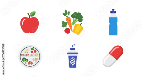 Collection of flat icons representing healthy eating, nutrition, and fitness supplements on a white background.