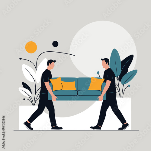 Two men carrying a sofa with decorative plants in modern style, Professional furniture transportation  