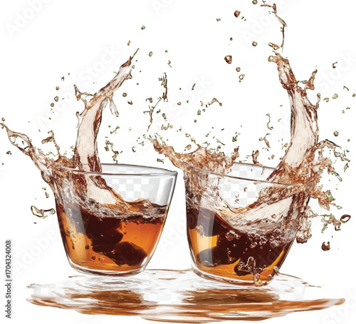 Two Glasses of Amber Liquid Toasting with Liquid Splashes on White Background cheers celebration