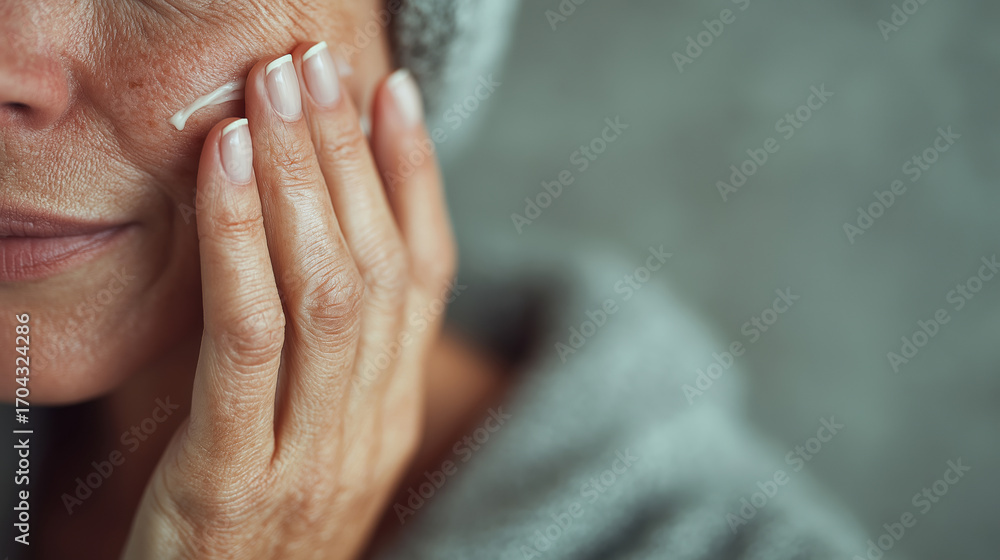 Fototapeta premium Woman applying cream on her face in cozy indoor setting