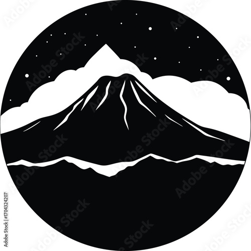 Monochrome Mountain Peak Silhouette with Clouds and Starry Night Sky on white background