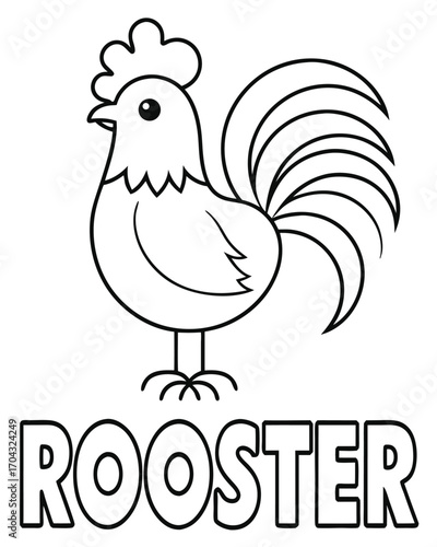 Cartoon rooster with large tail feathers bird fowl