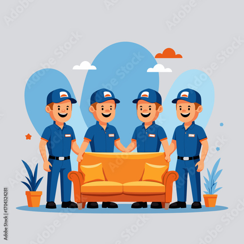 Four delivery men carrying sofa in teamwork with blue background.  Professional furniture transportation      
