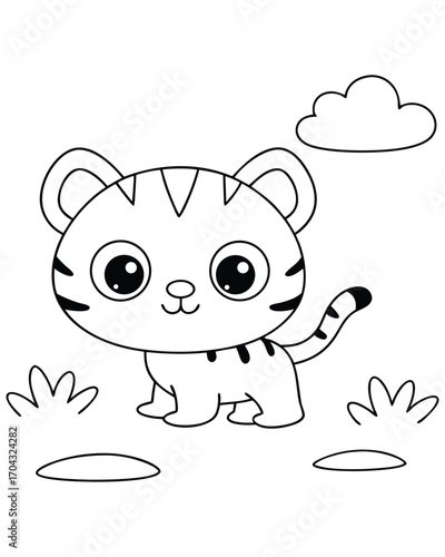 Cartoon tiger cub standing in grass cloud