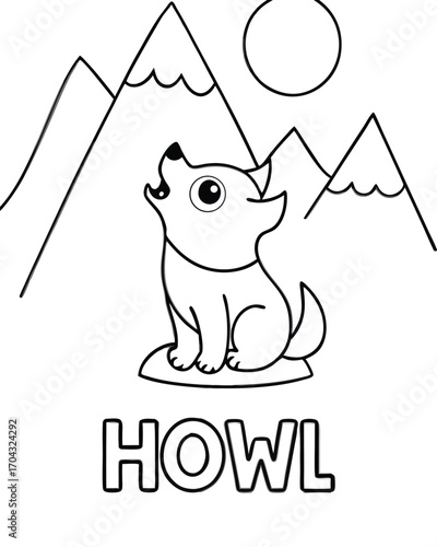 Cartoon wolf howling at moon wolf pup mountains