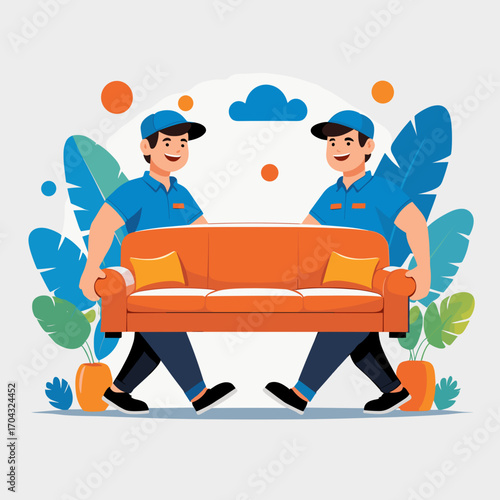 Two delivery men carrying an orange sofa with green plants background. Professional furniture transportation   