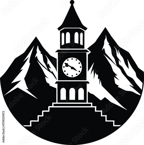 Clock tower silhouette with mountains in the background black and white vector illustration on white background