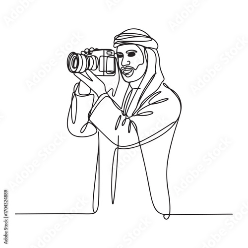 Single continuous line Art drawing Arabian cameraman, operator, videographer standing with camera. with white background