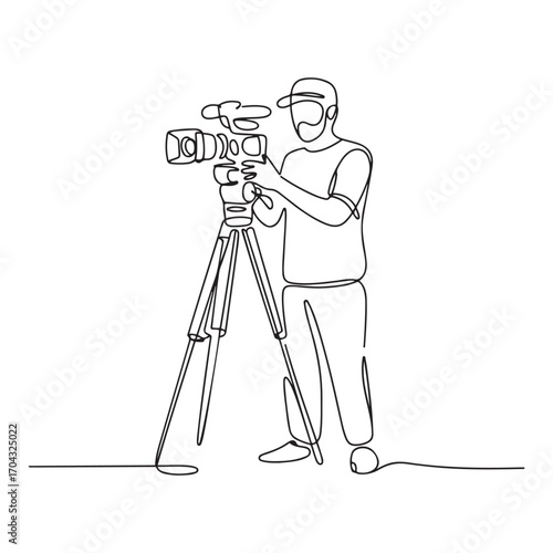 Single continuous line Art drawing Arabian cameraman, operator, videographer standing with camera. with white background
