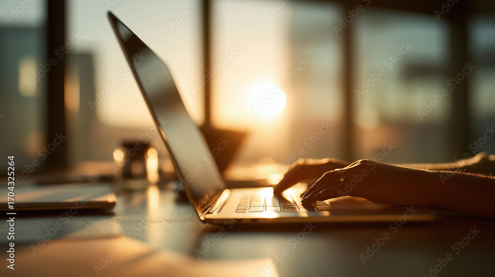 Obraz premium Working at sunset with a laptop in a modern office setting