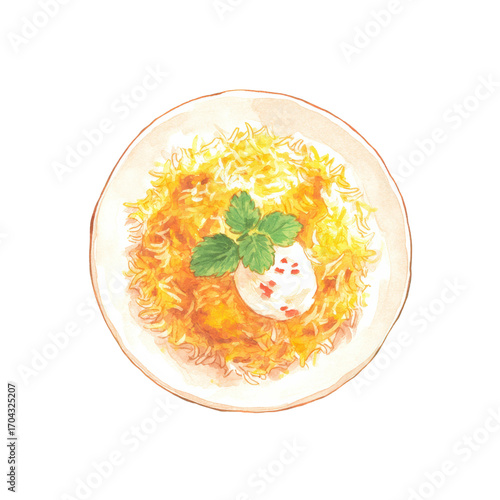 Watercolor painting of spaghetti carbonara with egg and parsley garnish, cut out