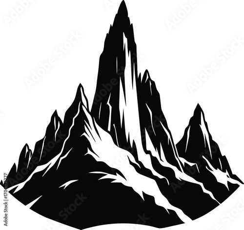 Dramatic Mountain Range Silhouette in Black and White for Logo or Icon Design on white background