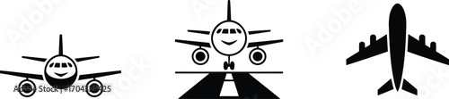 Three Airplane Icons Showcasing Different Perspectives Including One Landing on a Runway And A Top Down View of Flight in Transit