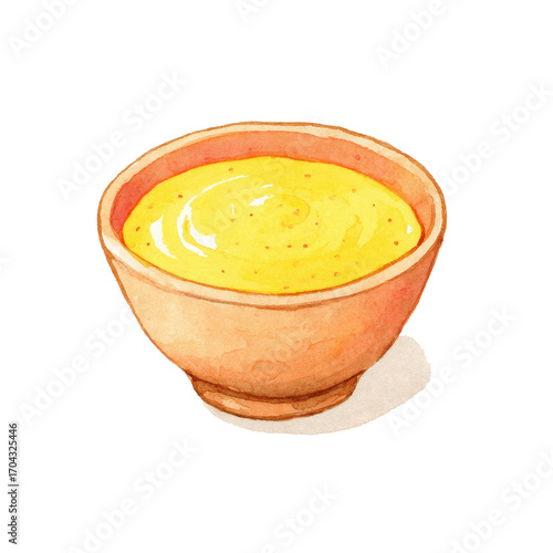 Watercolor illustration of creamy yellow mustard in a ceramic bowl, cut out
