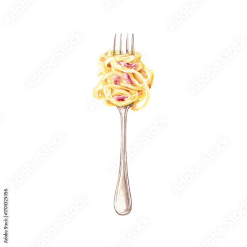 Fork with creamy carbonara spaghetti on black background, cut out
