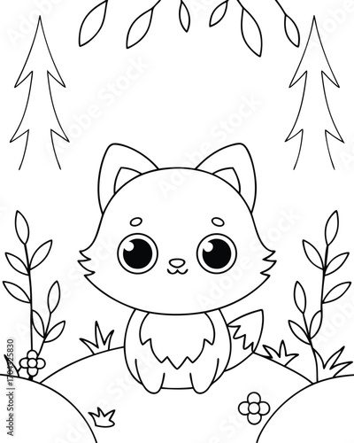 Cute fluffy baby wolf sitting in forest clearing
