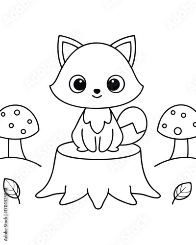 Cute fox sits on tree stump with mushrooms young cartoon