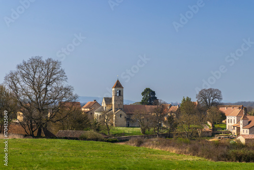 Chapaize dominating the green meadows of Saone et Loire in Bourgogne Franche Comte, France