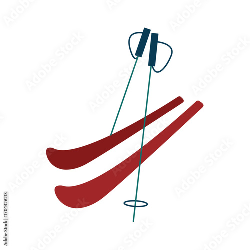 Pair of skis with sticks or poles isolated on white background. Winter sport equipment. Simple colored flat vector illustration