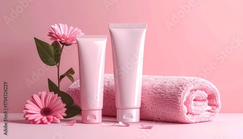Pink bathroom essentials including towels, toothbrushes, cosmetic tubes, pump bottle, and brush arranged on pink background.