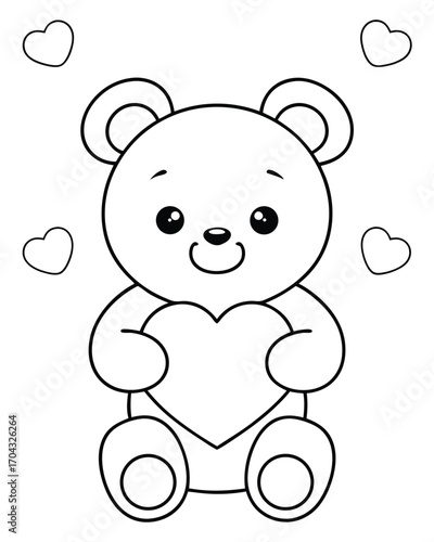 Cute teddy bear holding heart surrounded by hearts
