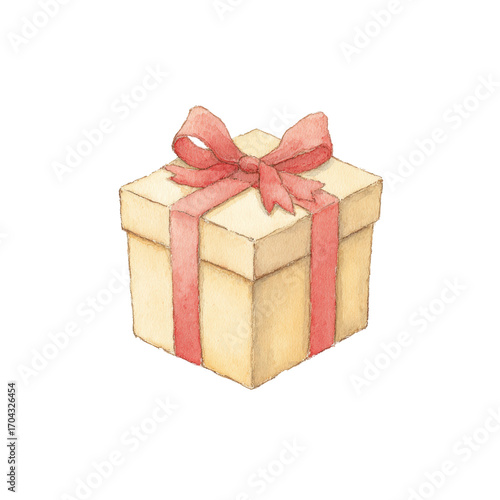 Watercolor gift box with pink ribbon and bow, cut out