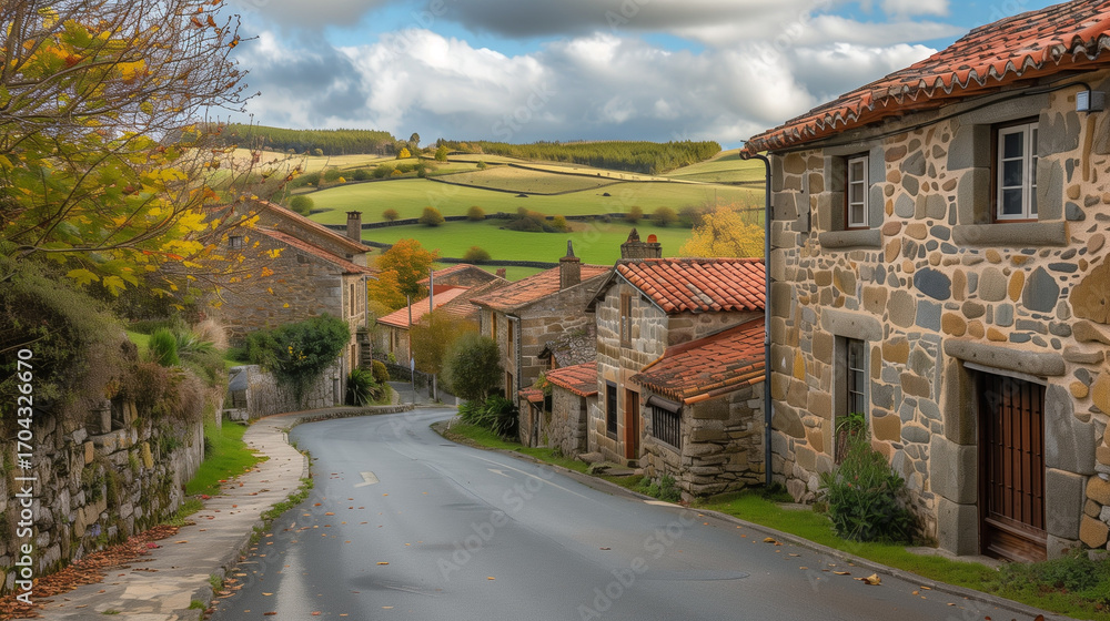 Obraz premium Generic stock image of a traditional rural village street with houses and asphalt road, surrounded by countryside landscape, created for real estate and housing use in southern Europe. Not a specific 