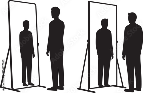 Two men observing their silhouettes in mirrors