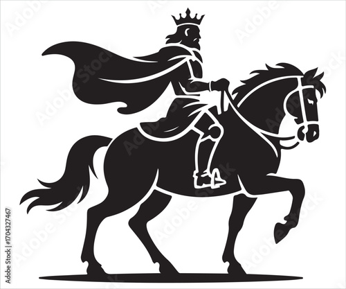 Crowned king riding horse silhouette with flowing cape