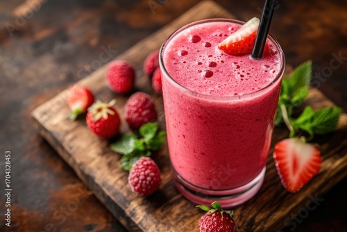Pink smoothie on raspberry background. Glass of berry smoothie on wood backgroun