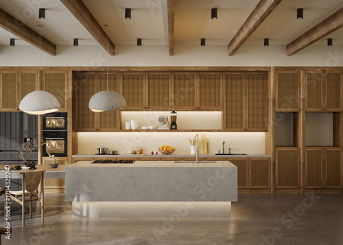 Modern Living Room and Dining Space, 3D Render.