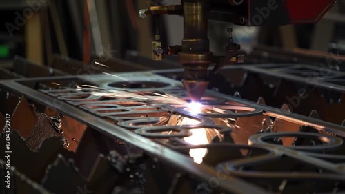 Cinematic close-up of a CNC plasma machine precisely cutting an intricate 