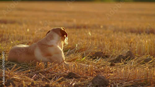 a vast rural field filled with golden dry wheat stalks and soft earth, stretching to a wide horizon